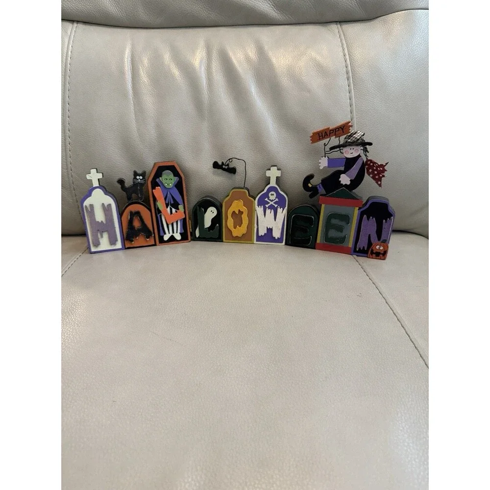 VTG Happy Halloween Letter Block Shelf Decor Witch Ghost Vampire Bats